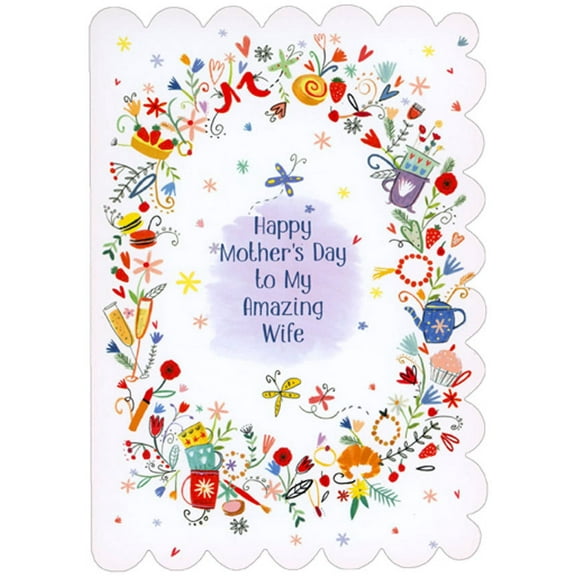 RSVP Oval of Icons : Flowers, Hearts, Cupckakes, : Butterflies Amazing Wife Die Cut Mother's Day Card