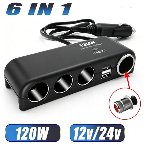 AUTOXBERT 6-in-1 Car Cigarette Lighter Adapter 120W Fast Charging 3.1A USB 4 Sockets Quick Charger