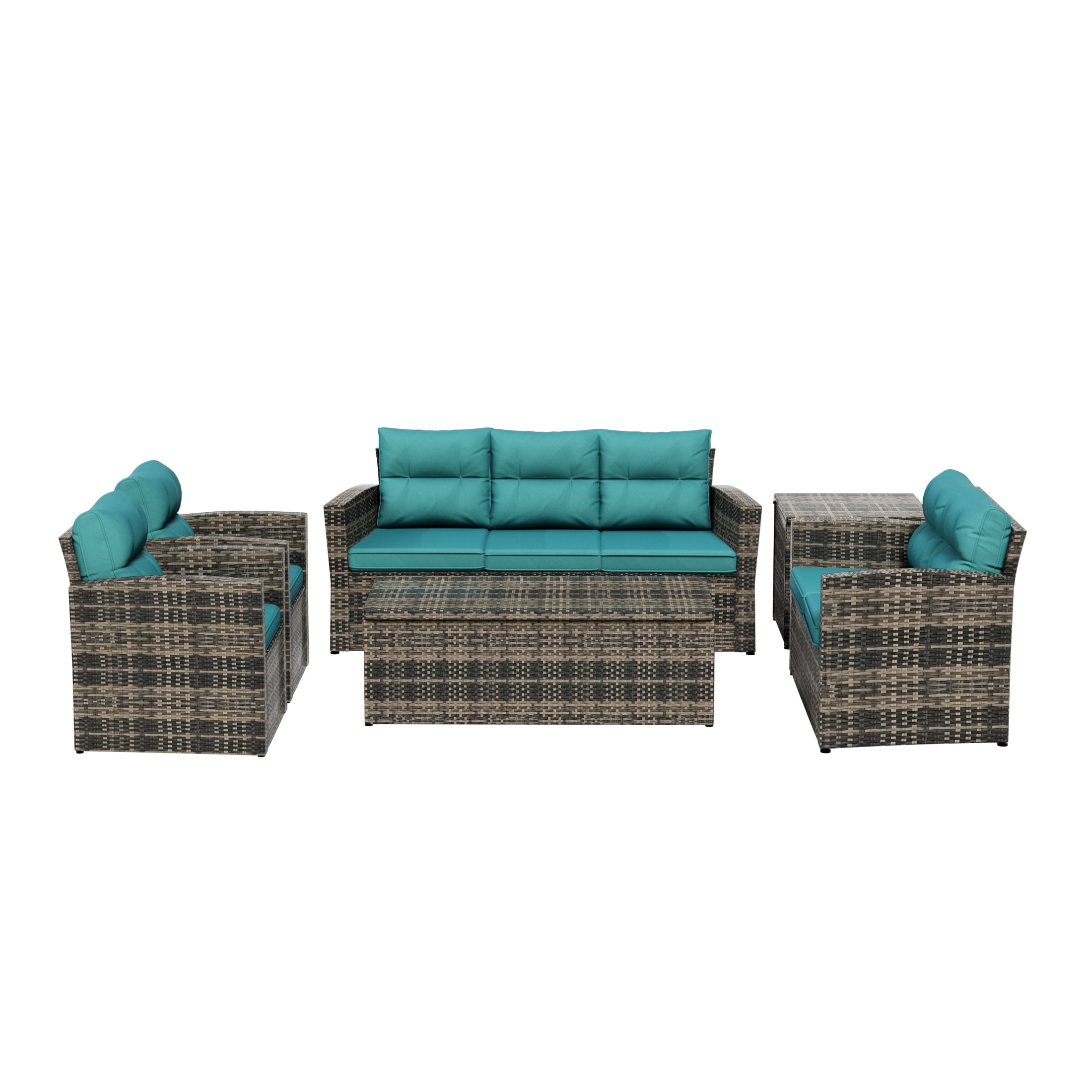 Westin Outdoor 6-Pieces Sofa Conversation Set PE Rattan Wicker Furniture, Brown/Turquoise