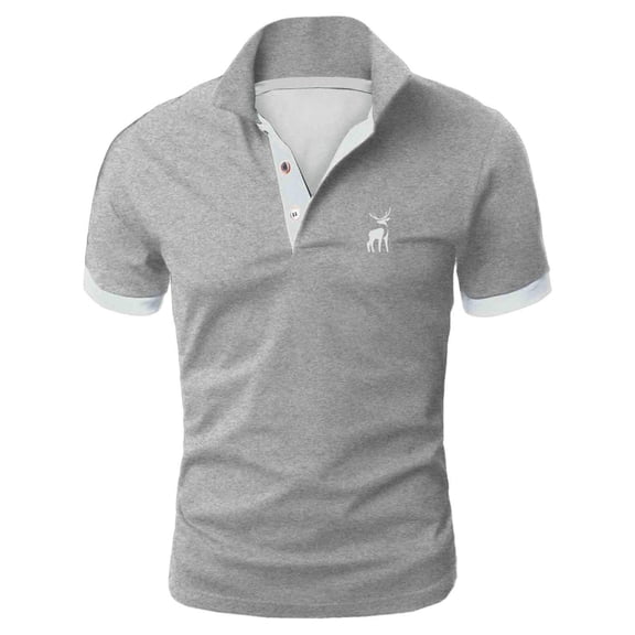 Bibifish Mens Polo Shirts Antler Stag Embroidery Contrast Accent Short Sleeve Shirts Classic Fit Business Wear Casual Tops