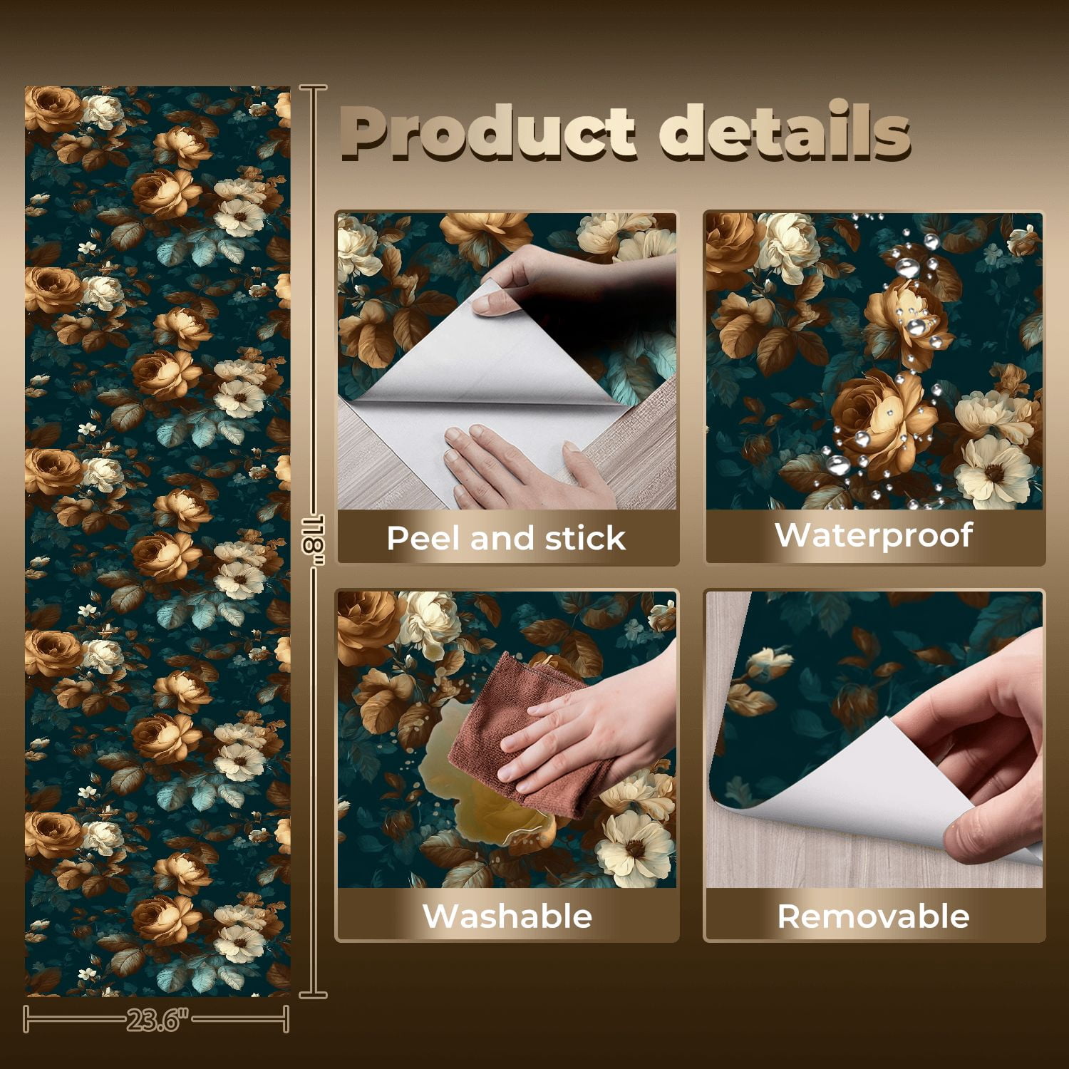 Peel and Stick Wallpaper Floral Rose Vintage Botanical Flowers Dark Teal Wall Mural 23.6in x 9.8ft Self Adhesive Removable Wall Paper Renter Friendly Wallpaper for Nursery Bedroom Cabinets