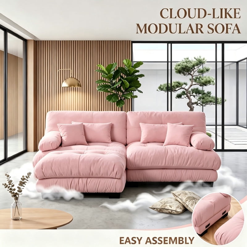 ANPPORT Cloud Couch Sleeper Sofa, Chenille Pink 2-Seater Modular Sofa with 1 Ottomans, 2 Lumbar pillows, 2 Pillows, Comfy Deep Seat Cloud Sofa, Convertible L-Shaped Floor Couch for Living Room