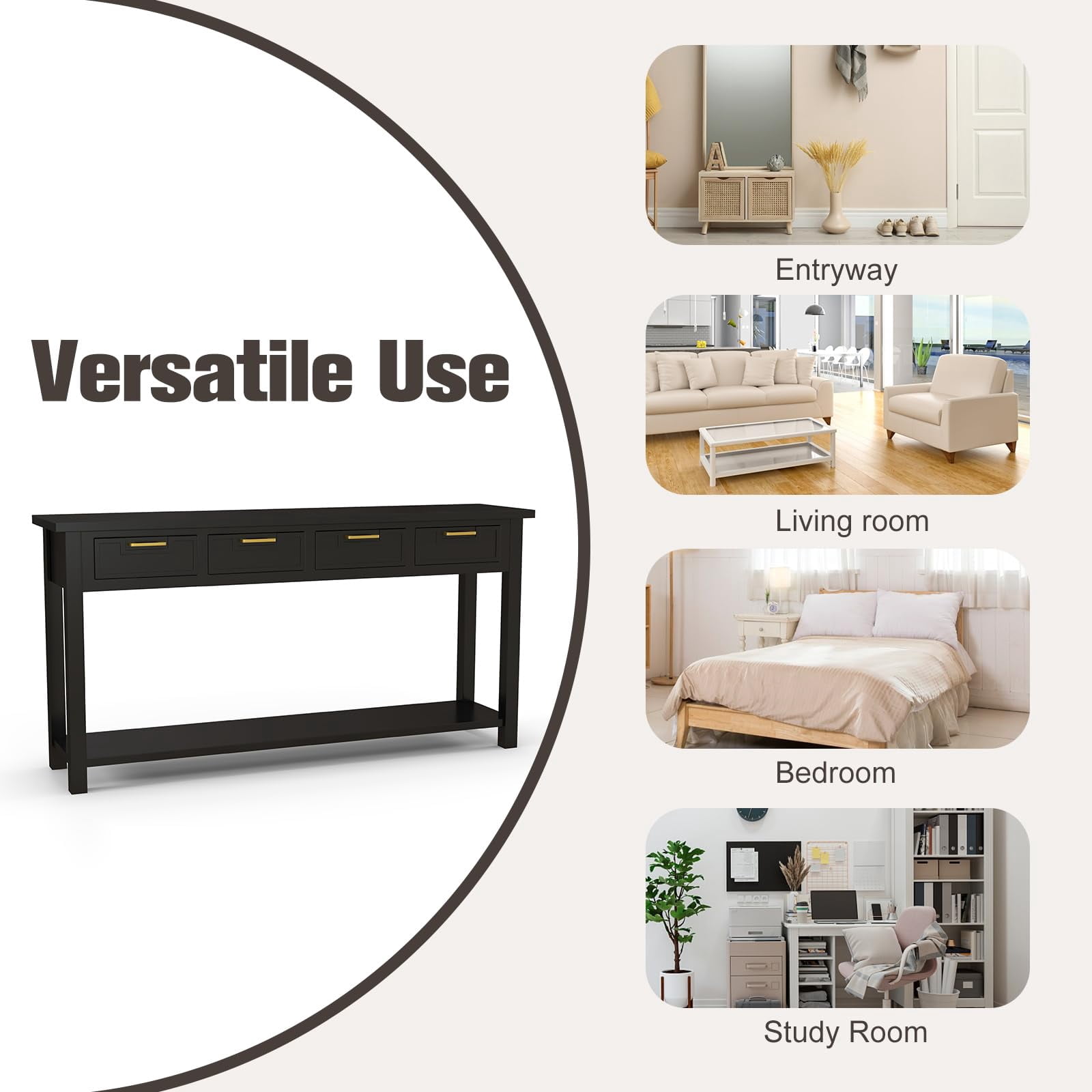 Kinsuite Black Entryway Table with 4 Drawers - Modern Console Table with 1 Bottom Shelf Living Room Furniture Wood Hallway Table Entryway Table for Living Room Bedroom Kitchen, Black