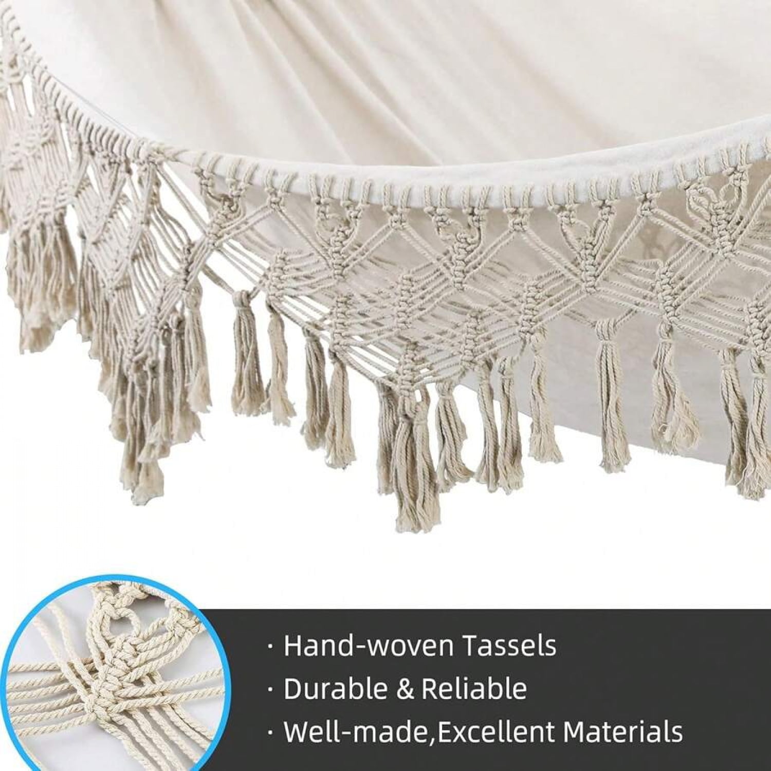 Boho Tassel Hammock - Large Portable 2-Person Double Boho Hammocks With Tassels, Portable Rope Hamaca Swing With Travel Bag For Outside, Porch, Garden, Patio, Backyard, Up To 500lbs Beige