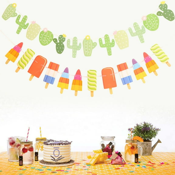 FRCOLOR Colorful Paper Banners with Cactus and Ice Cream Shapes for Summer Party Decoration 2 Pcs Assorted