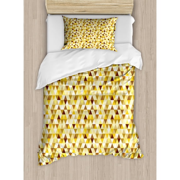 Geometric Duvet Cover Set Twin Size, Vibrant Colored Triangle Shapes Pattern Funky Geometric Abstract Elements Art, Decorative 2 Piece Bedding Set with 1 Pillow Sham, Yellow Brown, by Ambesonne