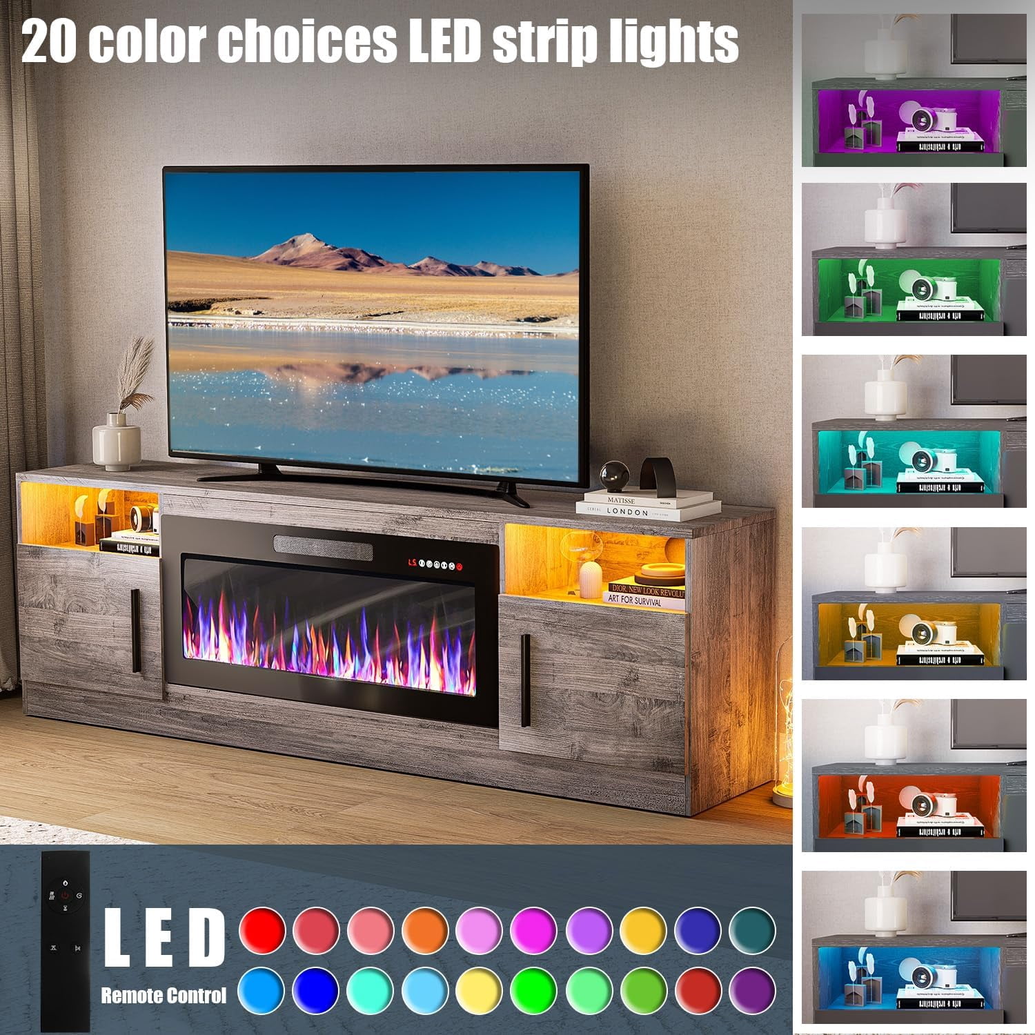 TV Stand with 36" inch Electric Fireplace Up to 80" TVs, LED Light Entertainment Center, 70" Modern Wood High Gloss Fireplace with Highlight Storage Cabinet for Living Room (Grey)