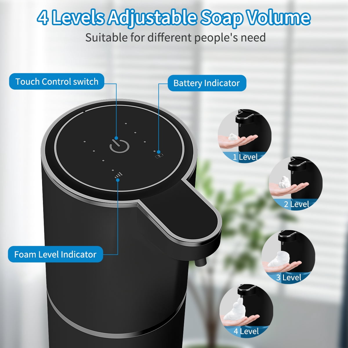 FEELSO Automatic Soap Dispenser, Touchless Foaming USB-C Rechargeable, 4-Level Adjustable, Wall Mount or Countertop, Black