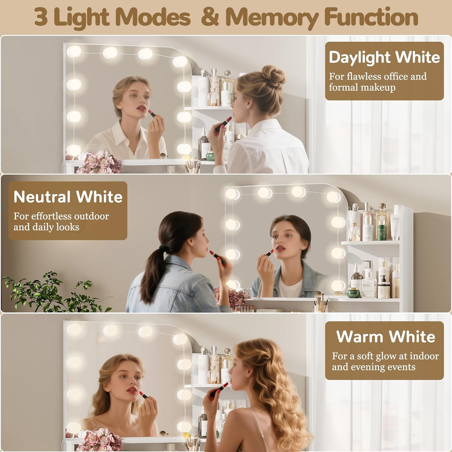 32" Makeup Vanity Desk with Mirror and Lights, 3 Lighting Colors, 5 Storage Shelves & Large Drawer, White Vanity Set for Bedroom, Girls and Women