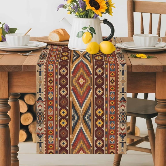 Kitchen Table Runner 36 Inches Long, Ethnic Style Abstract Geometric Cotton Linen Table Runners for Dining Tables Home Holiday Party Wedding, Retro Brown Stripes Tabletop Scarf