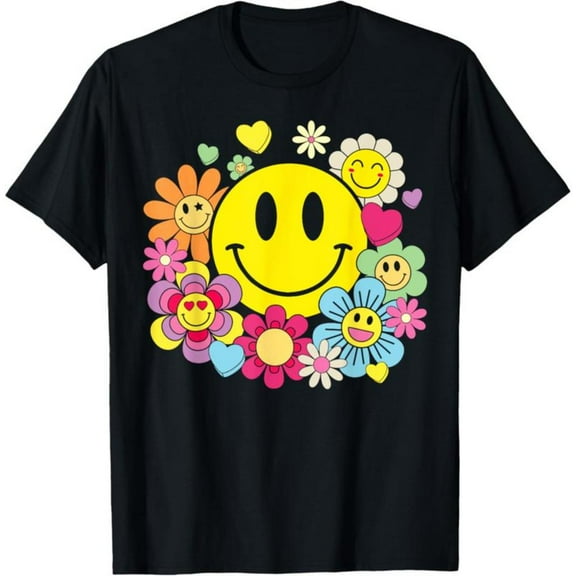 Women's Black Smiley Face Floral Graphic Tee Plus Size S-5XL, Vibrant Printed T-Shirt, Casual Oversized Top for Retro & Positivity Enthusiasts