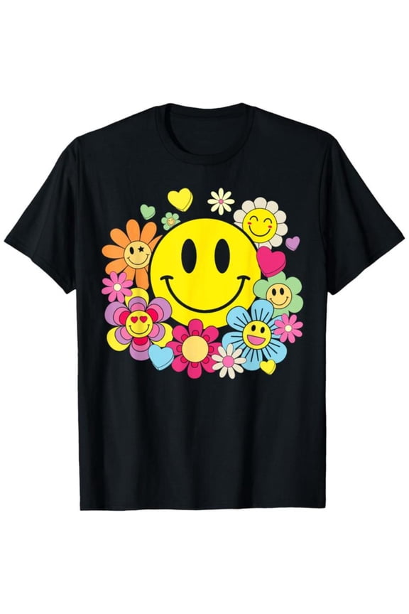 Women's Black Smiley Face Floral Graphic Tee Plus Size S-5XL, Vibrant Printed T-Shirt, Casual Oversized Top for Retro & Positivity Enthusiasts