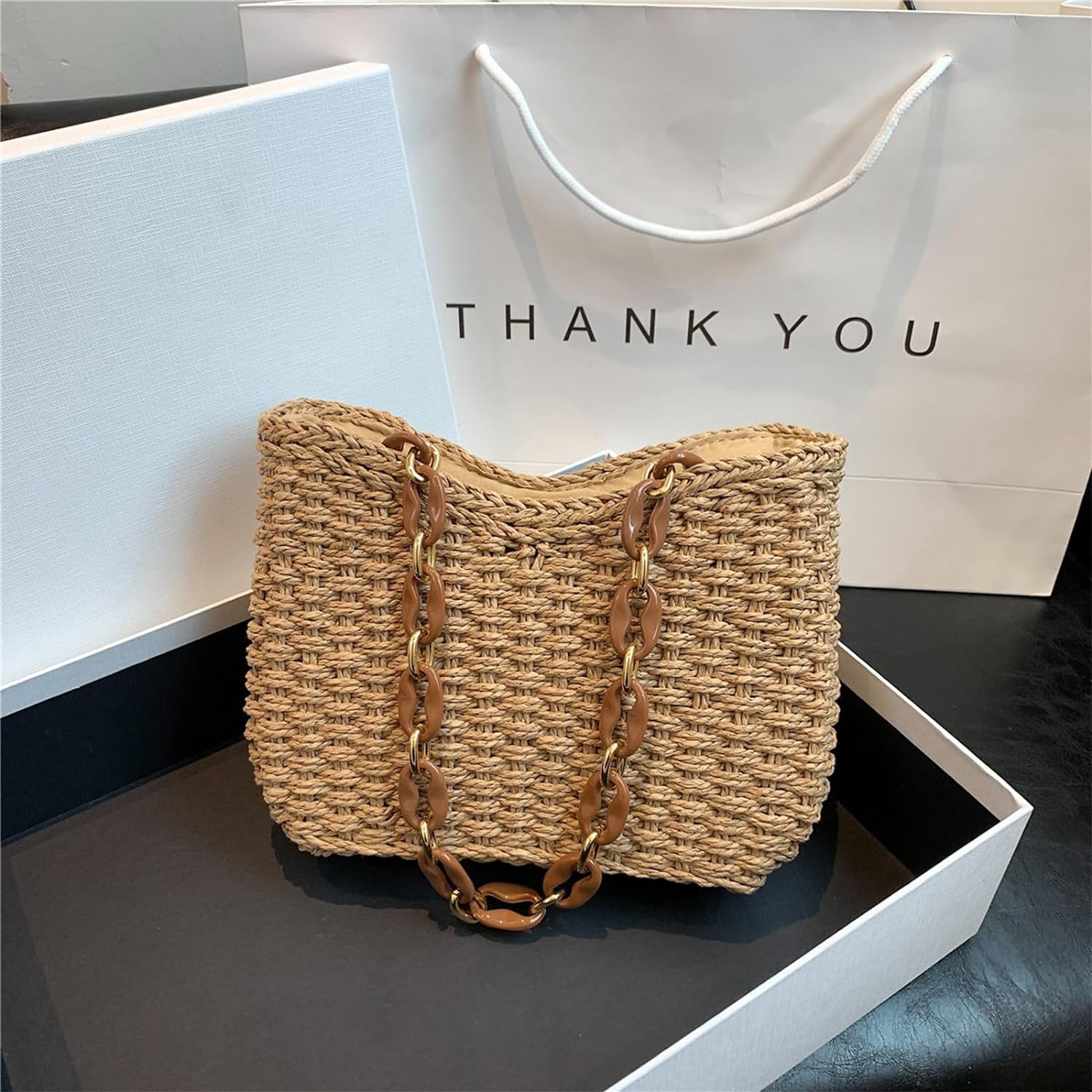 LinYooLi Straw Beach Bag, Summer Straw Bags for Women Trendy Straw Purses and Handbags Shoulder Tote Bag for Vacation