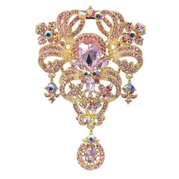 Womens 3.66 Inch Aurora Borealis Pink Crystal Rhinestones Wedding Flower Bouquet Teardrop Brooch Pin