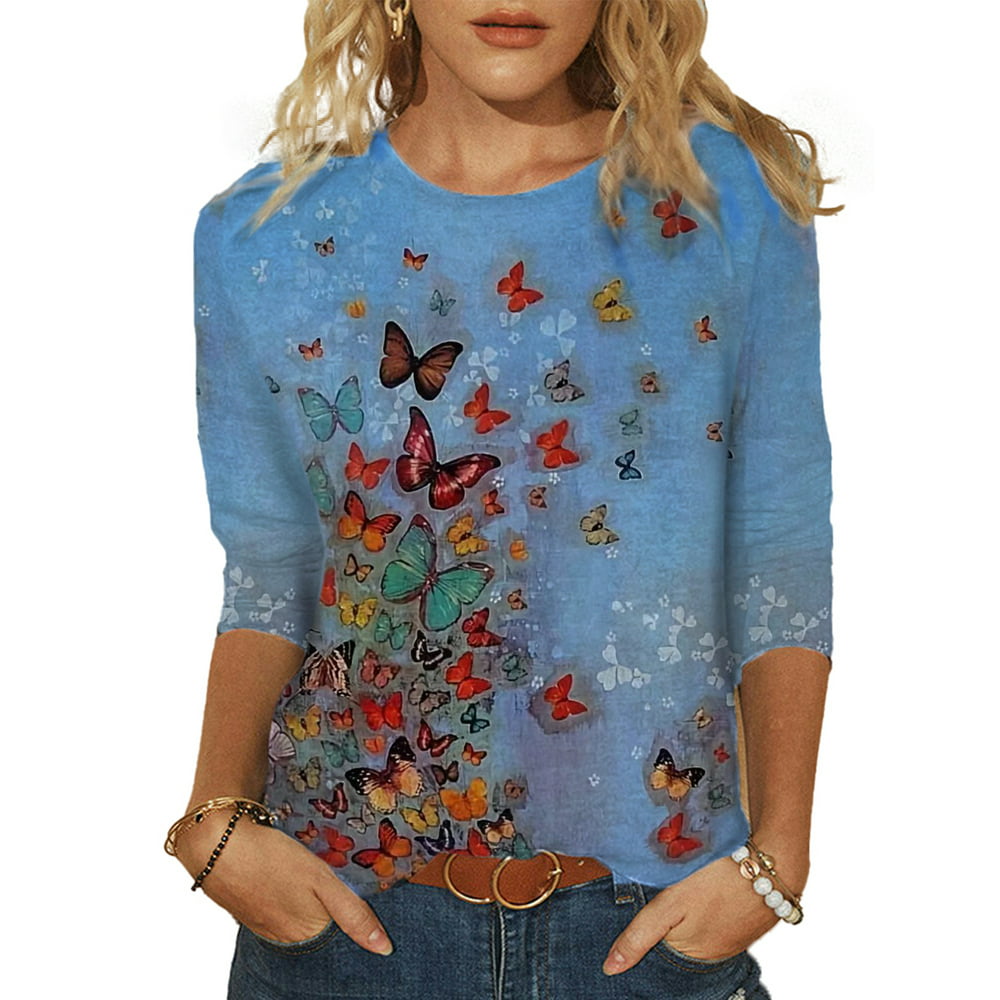 Wodstyle - Womens Crew Neck Butterfly Print Shirts Loose Tee 3/4 Sleeve ...