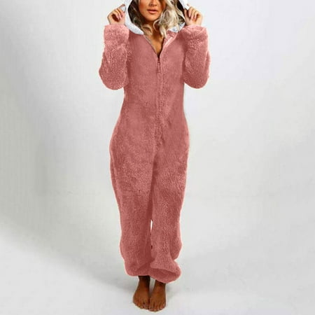 

Dtydtpe jacket women Women s Artificial Wool Long Sleeve Pajamas Casual Solid Color Zipper Loose Hooded Jumpsuit Pajamas Casual Winter Warm Rompe Cute Ears Sleepwear winter coats for women Pink