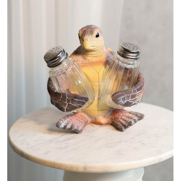 Slowly Seasoned Nautical Ocean Sea Turtle Salt Pepper Shakers Holder Figurine