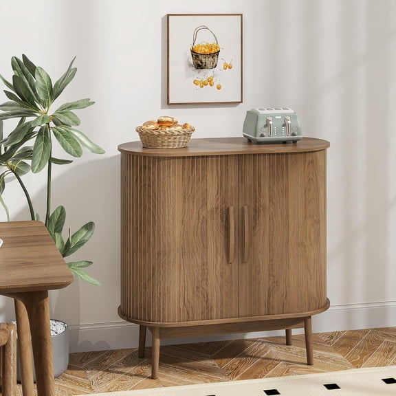 BarefHaven Accent Small Storage Cabine, Buffet Cabinet with Storage, Mid Century Modern Sliding Door Sideboard Cabinet for Kitchen, Entryway (Walnut)