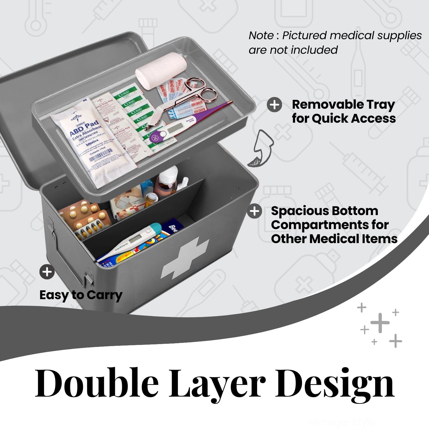 First Aid Medicine Box Supplies Kit Organizer - 12.5" Gray Metal Tin Medic Bin Hard Case with Removable Tray Handle Storage Compartment, Vintage Antique Empty Boxes for Home Family Emergency Tool Set