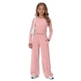 thumbnail image 6 of CPNG Girls 2 Piece Outfit Set Solid Color Long Sleeve Slim Top and Matching Wide Leg Lightweight Casual Sweatsuit Set, 6 of 9