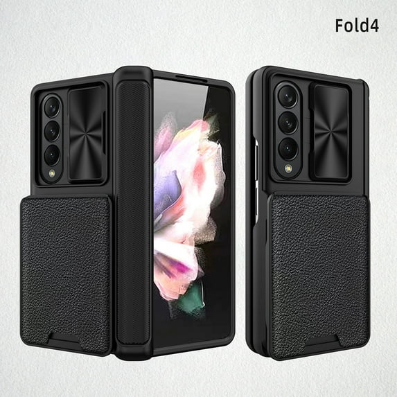 SaniMore Case for Samsung Galaxy Z Fold 4 7.6" 2022 with Screen Protector + Hinge Protection + Card Slot + Magnetic Car Mount + Sliding Cover Hybird Heaavy Duty Protective PU Leather Shell, Black