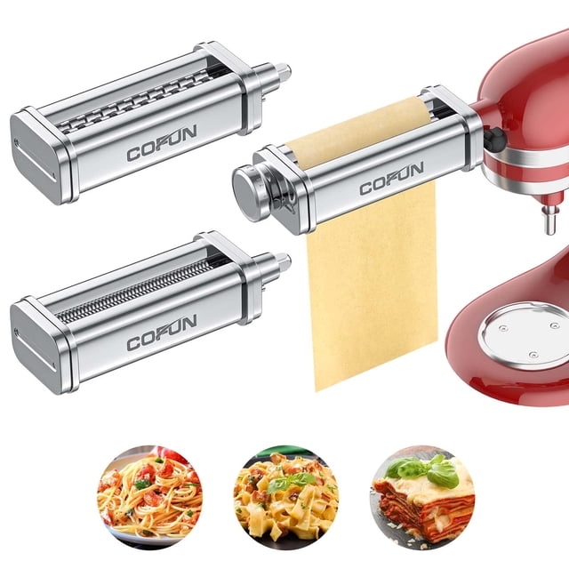 Cofun - Accesorio para pasta para batidora de soporte KitchenAid, kit de fabricación de pasta de 3 piezas, incluye rodillo de pasta, cortador para hojas auténticas de espaguetis y fettuccine,