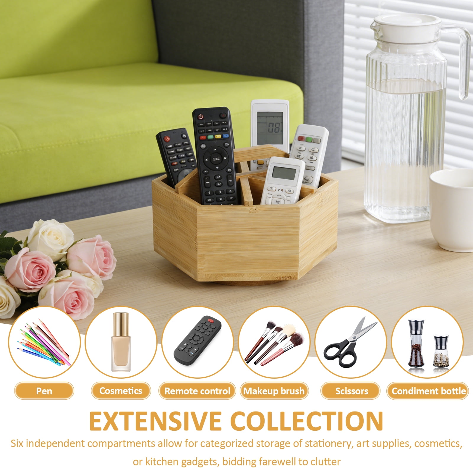 FYJUCPA Bamboo Rotating Pen Holder, Versatile Hexagon Desktop Pencil Organizer with 6 Compartments and Handle, Crayon Marker Holder for Pencil Pen and Paint Brush