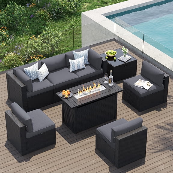 Clouddwell 8-Piece Patio Furniture Set With Fire Table On Sale, Black Rattan Wicker Outdoor Sectional Sofa Couch with Table Patio Conversation Set for Lawn& Backyard,Gray