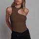 thumbnail image 3 of Body sin mangas para mujer, cuello redondo, asimétrico, ajustado, patrón liso, mono de punto acanalado elegante y sencillo, marrón L, 3 of 6