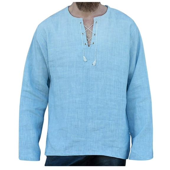 IROINNID Savings Button Up Shirts for Men 2021 Solid Color Wide Loose V-neck Long-sleeved Cotton And Linen T-shirt For,Sky Blue