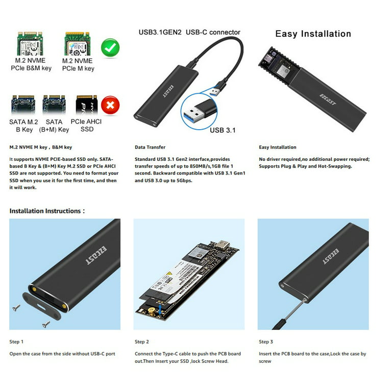 M.2 Boîtier SSD NVMe, USB 3.1 Gen 2 (10 Gbps) Vers NVMe PCI-E M.2 Boîtier  SSD Support UASP Pour Taille SSD NVMe 2230/2242/2260/2280 - Temu Belgium