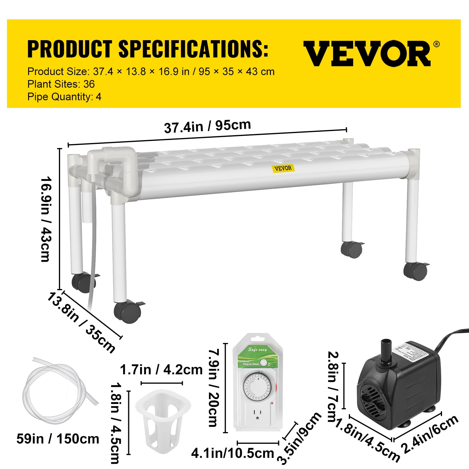 VEVOR Hydroponic Site Grow Kit 1 Layer 36 Plant Sites, 4 PVC Pipes Hydroponic Indoor Plant Growing System, Food-Grade Pipe Plant Grow Kit with Water Pump and Timer