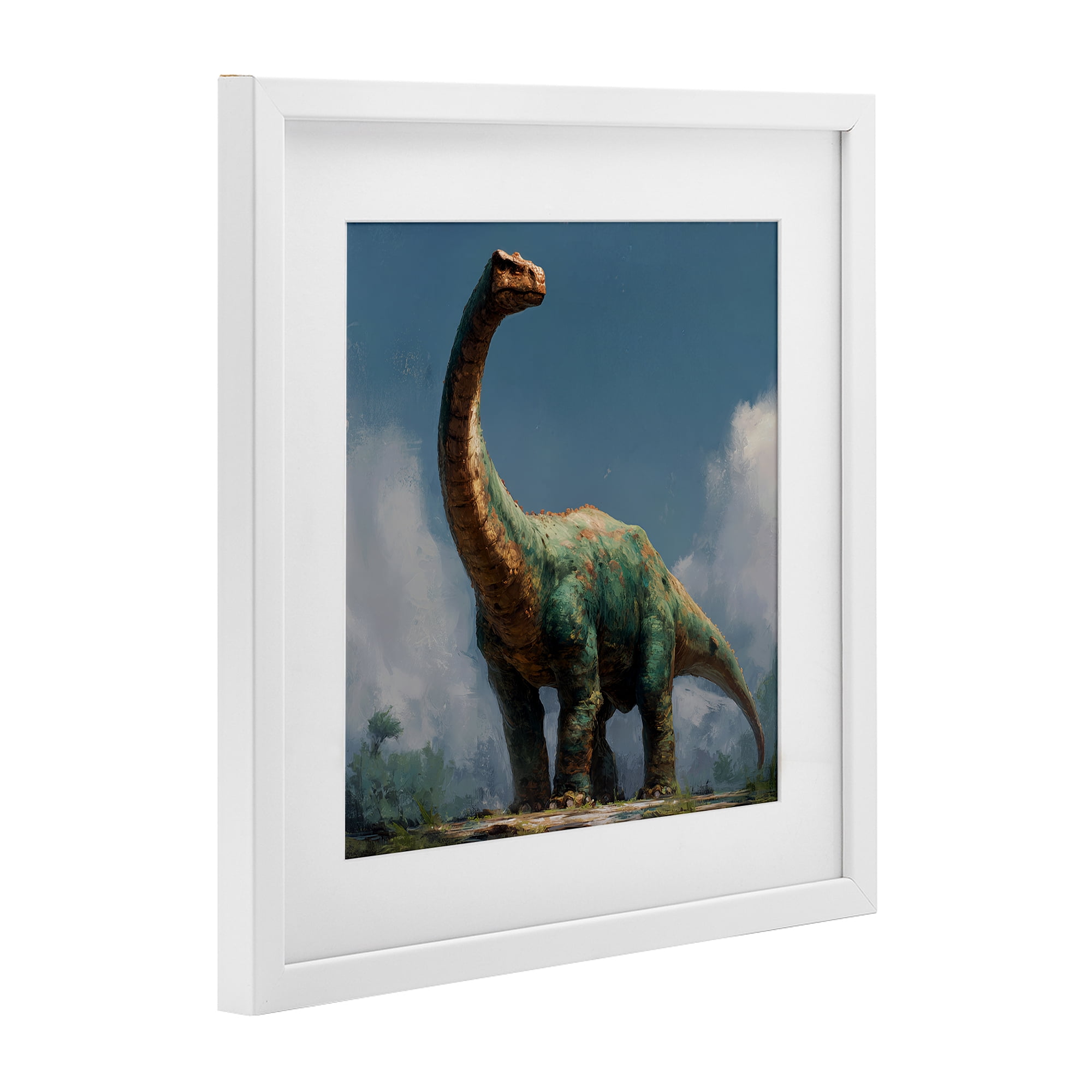 Stupell Industries Colossal Brontosaurus in Meadow White Framed Print Under Glass, design by Wumples