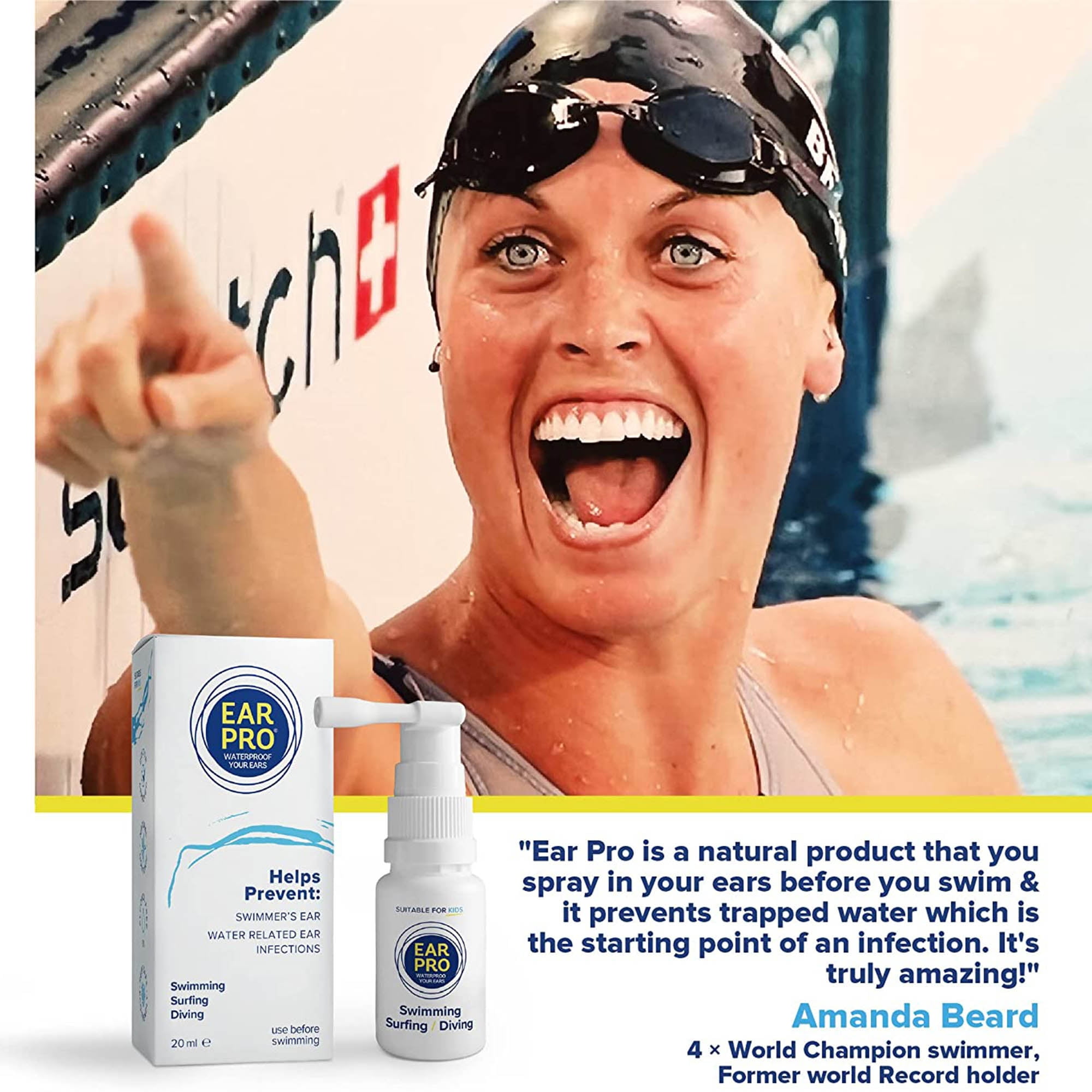 Ear Pro Swimmers Ear Spray for Kids and Adults, All Natural Protection from Trapped Water