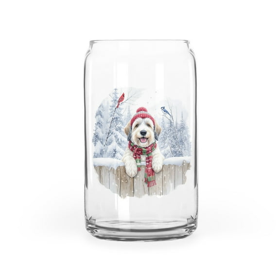 Playful Old English Sheepdog Welcomes Winter Snowy Day with Cardinal Bird 16oz Glass Cup Mug Dog Lover Glass Can - 2017