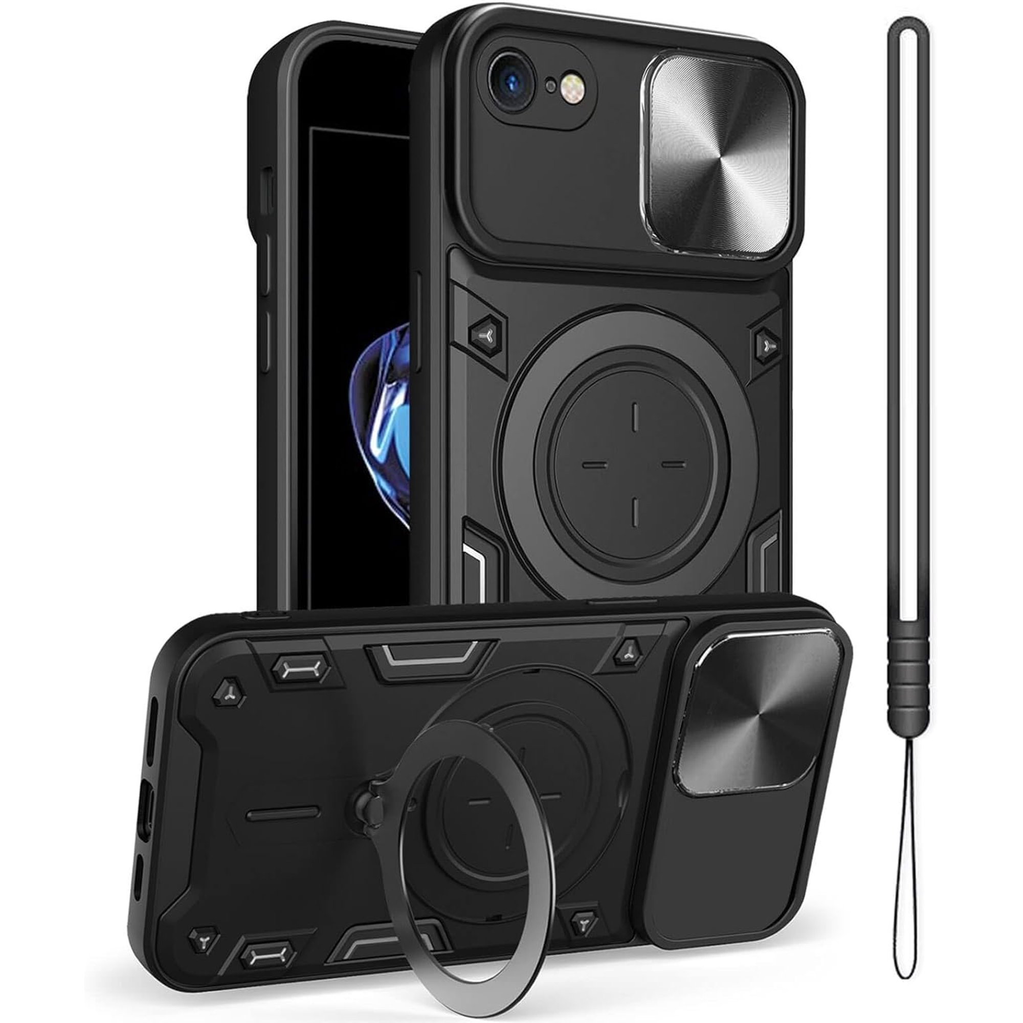for iPhone SE Case 2020 2022/iPhone 8 Case/iPhone 7 Phone Case,Metal Stand Ring Holder,Lens Protector,Slim Bumper Full Protection Shockproof Hard Cover for Women Men (Black)