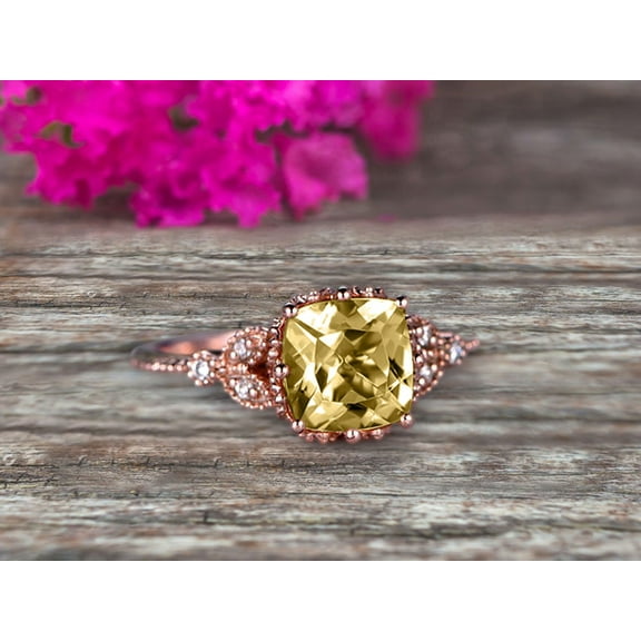 Milgrain Edge 7mm Cushion Cut 1.80 Carat Champagne Diamond Moissanite Engagement Ring On 10k Rose Gold Anniversary Ring Promise Ring Art deco Surprisingly Ring Gift for her