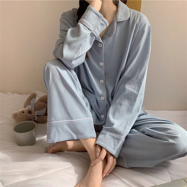 Pijamas de verano con lazo para mujer, ropa de dormir de manga larga, conjuntos de pijama con volantes sólidos, traje de 2 piezas, ropa de noche coreana