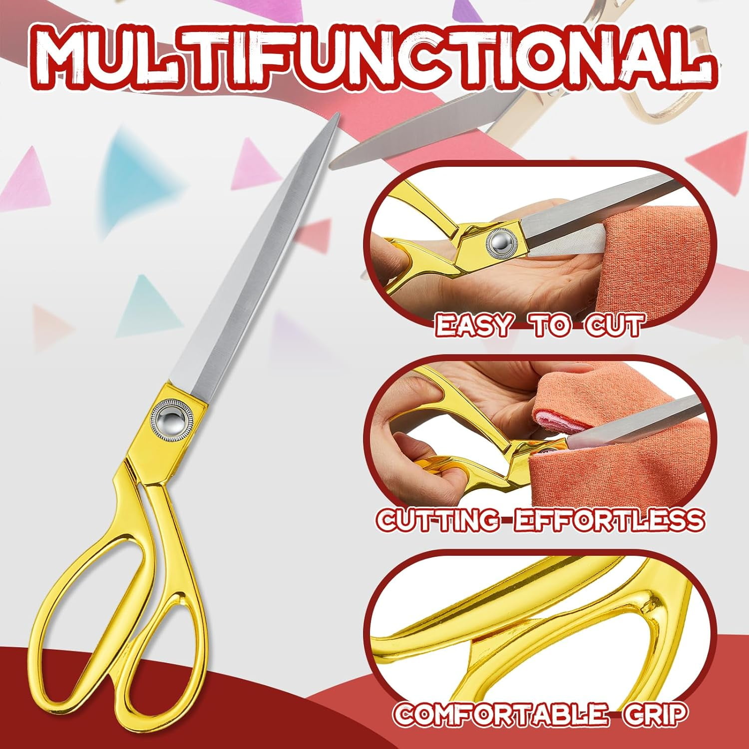 ABCISI 1 Pcs Ribbon Cutting Scissors, Metal Heavy Duty Stainless Steel Scissors for Ceremony Events Inaugurations Dressmaking Sewing Cardboard, Sharp Fabric Tailor Scissors, 10.43 x 2.76 Inch (Gold)