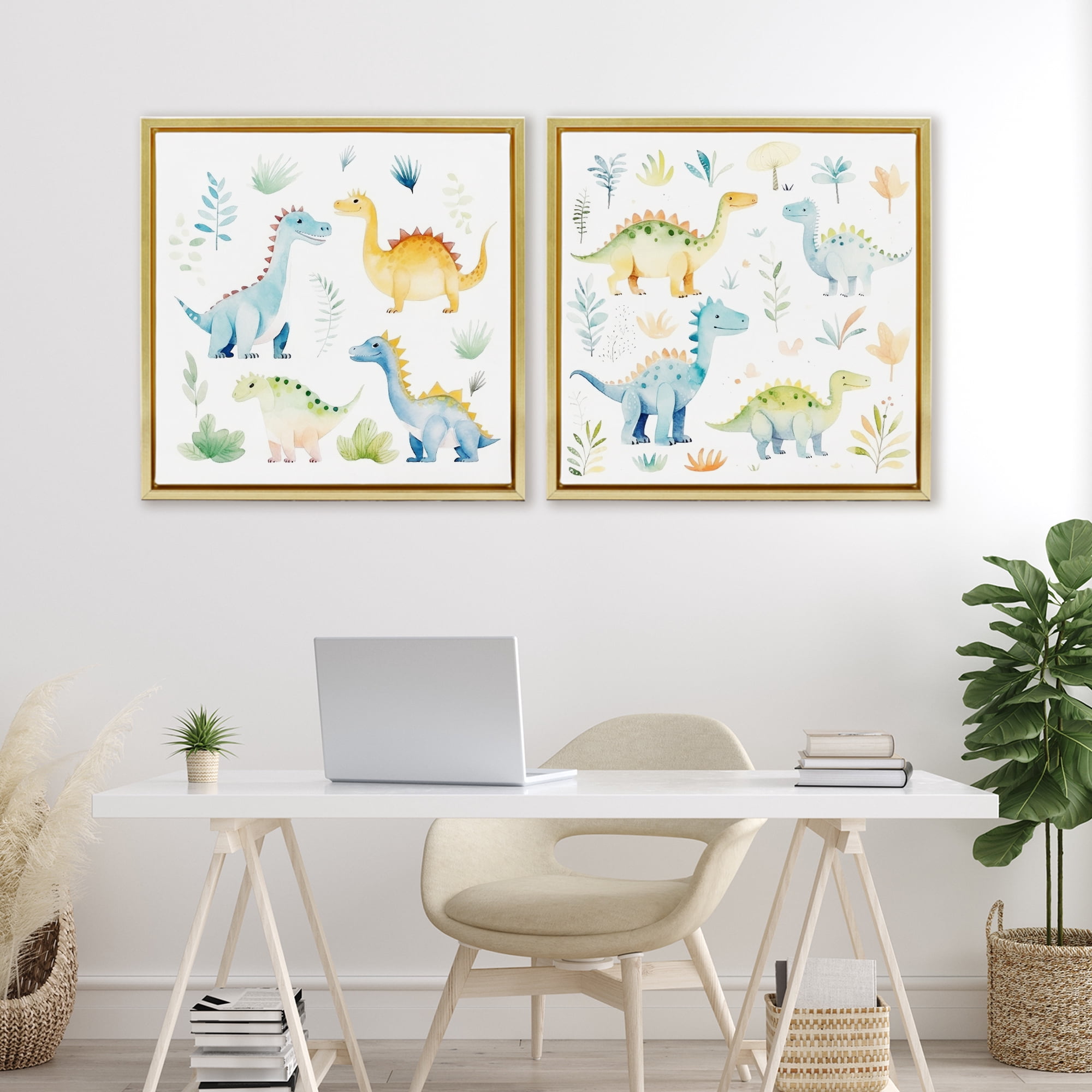Stupell Industries Playful Dinosaur Wonders 2 Piece Gold Framed Floater Canvas Set, design by Lazar Studio
