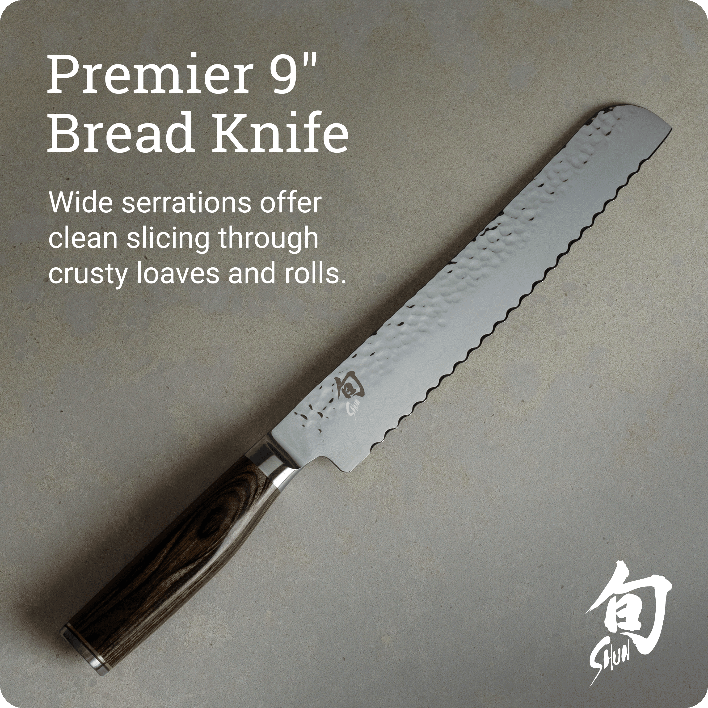 Shun Premier 9" Bread Knife, VG-MAX Core with Damascus Stainless Steel Cladding, Pakkawood Handle, Serrated Bread Knife