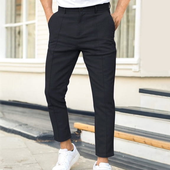 Zysthvn Mens Pants Casual Straight Leg Cotton Linen Trousers for Men Winter Button with Pockets Solid Lightweight Pants, Black S