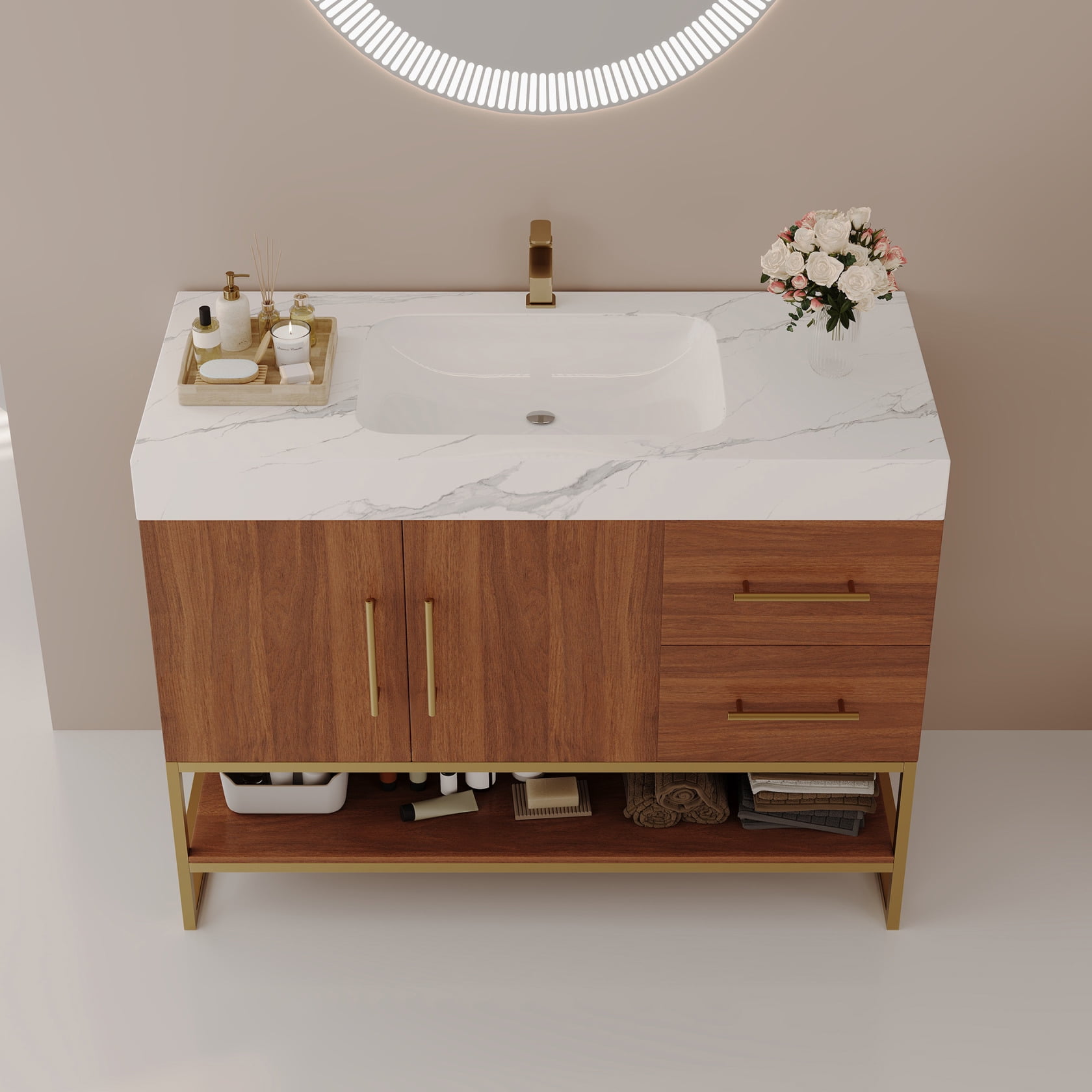 36" Bathroom Vanity with Sink, Freestanding Bathroom Storage Vanity Cabinet with 2 Soft Closing Doors, 2 Drawers and Storage Shelf, Walnut