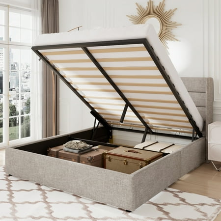 Allewie Queen Size Lift up Hydraulic Platform Storage Bed Frame with Fabric Channel Wingback Headboard, Light Beige