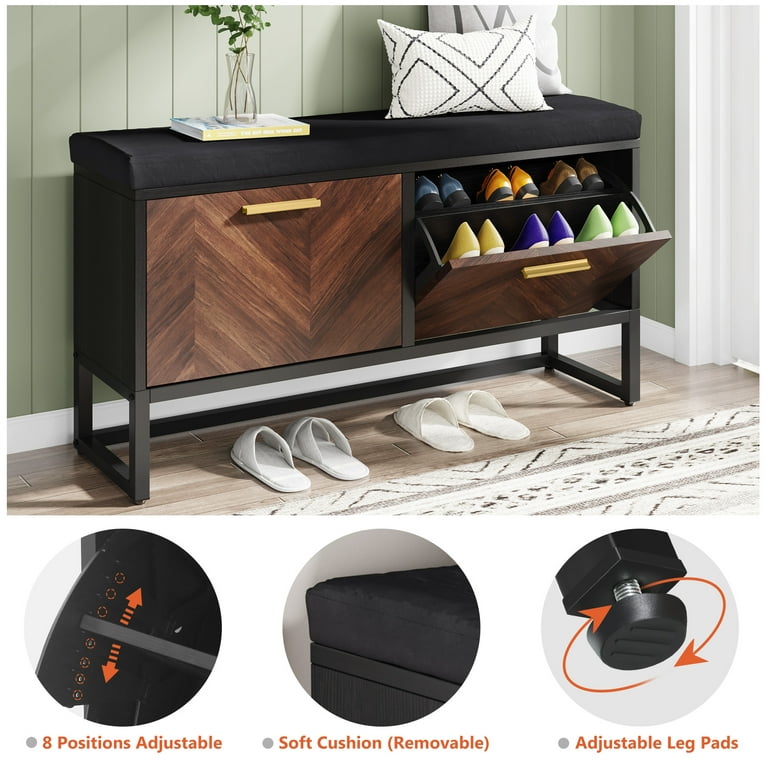Wooden Shoe Storage Bench with Hidden Shoe Rack,Entryway Shoe Bench with  Leather Seat,Premium Hallway Shoe Organizer,Modern Shoe Cabinet with
