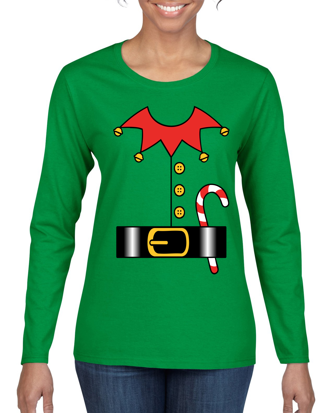 Wild Bobby Christmas Elf Suit Christmas Sweater | Holiday Women Graphic Long Sleeve Tee