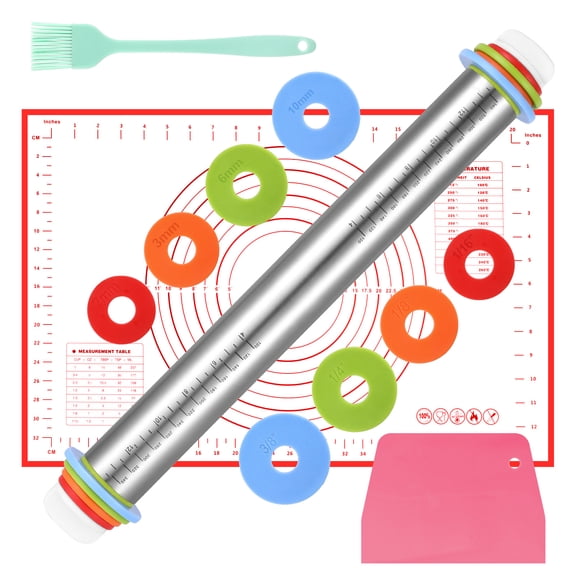 Topekada 17in Adjustable Rolling Pin with Pastry Mat Set, Non-Stick Stainless Steel Roller with Removable Thickness Rings and Baking Mat, Pastry Brush and Bench Scraper for Cooking Pizza Pie Cookies