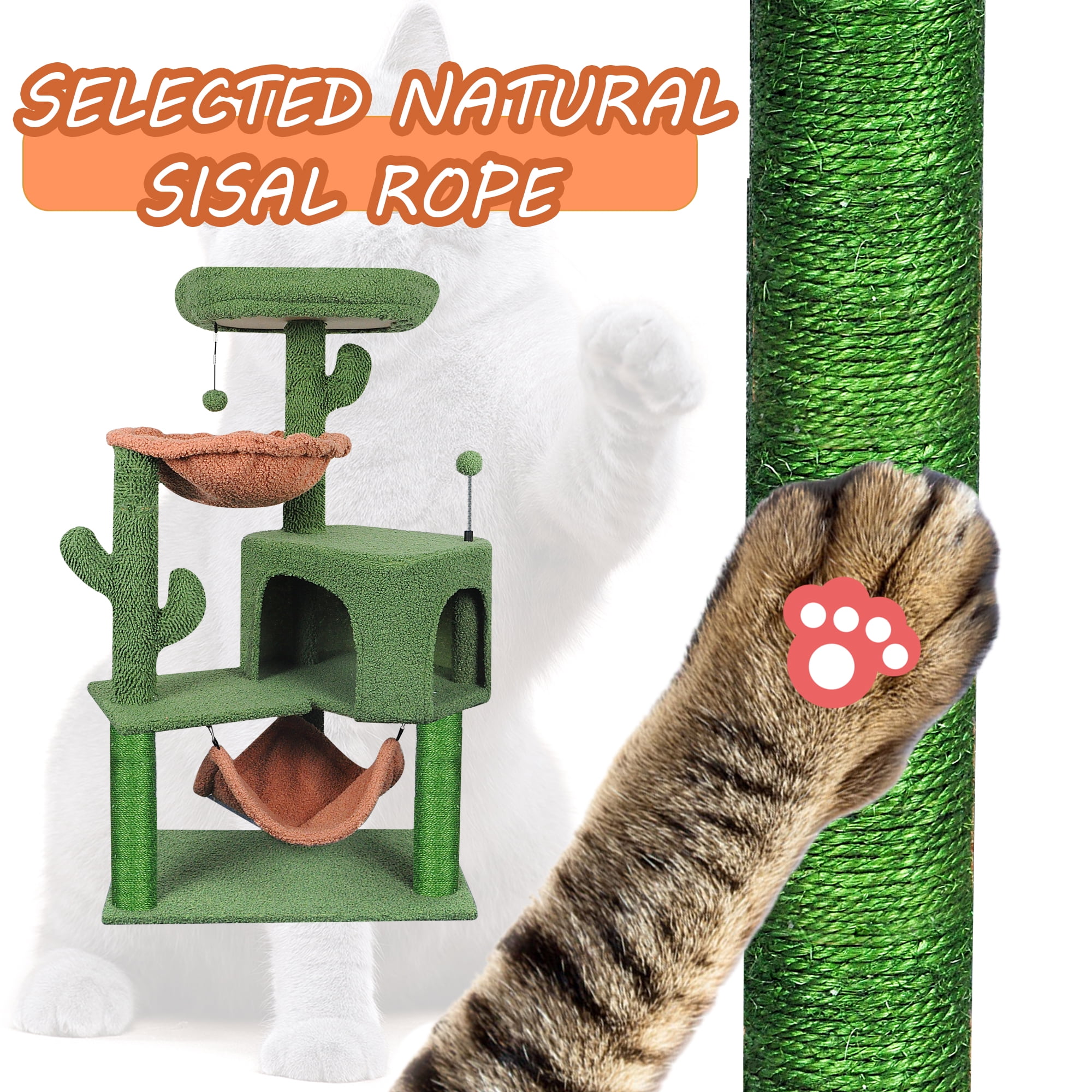 AIWIKIDE 39.37 inch Cactus Cat Tree Tower with Condo and Big Hammock for Indoor Small Cats, Green
