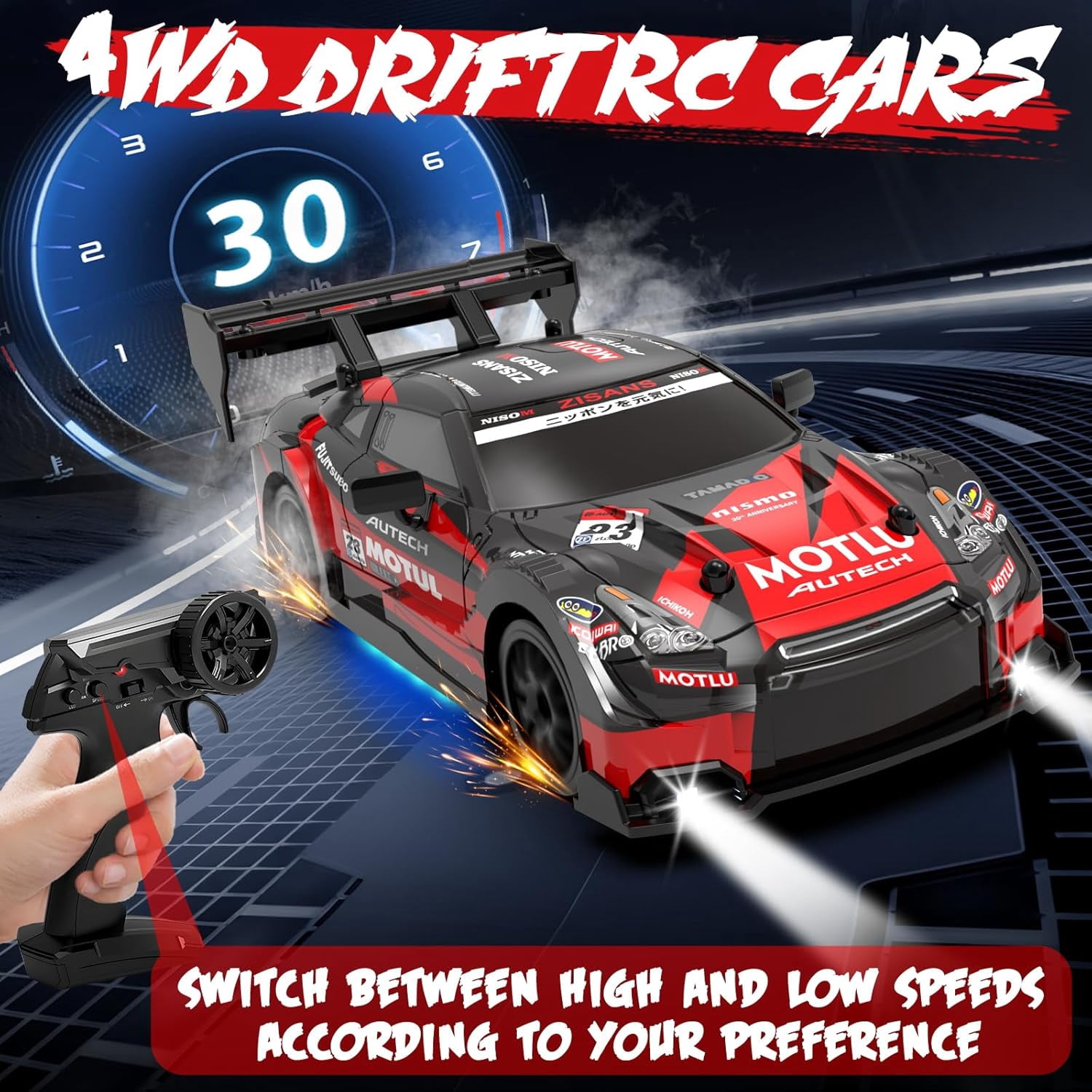 AIGIA 1:24 Scale RC Drift Car 30KM/H 4WD 2.4GHz Remote Control Cars with LED Light High Speed RC Racing Cars Toy Gift