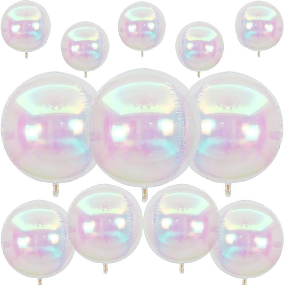 12Pcs Iridescent Round Foil Balloons, 22" 15" 10" 4D Clear Ball Balloon, Holographic Balloons for Birthday Wedding Folding Rainbow Under The Sea Mermaid Party decoration